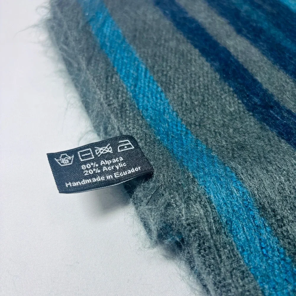 Shupaca Alpaca Blend Striped Scarf Blue Gray Fringe Handmade Ecuador